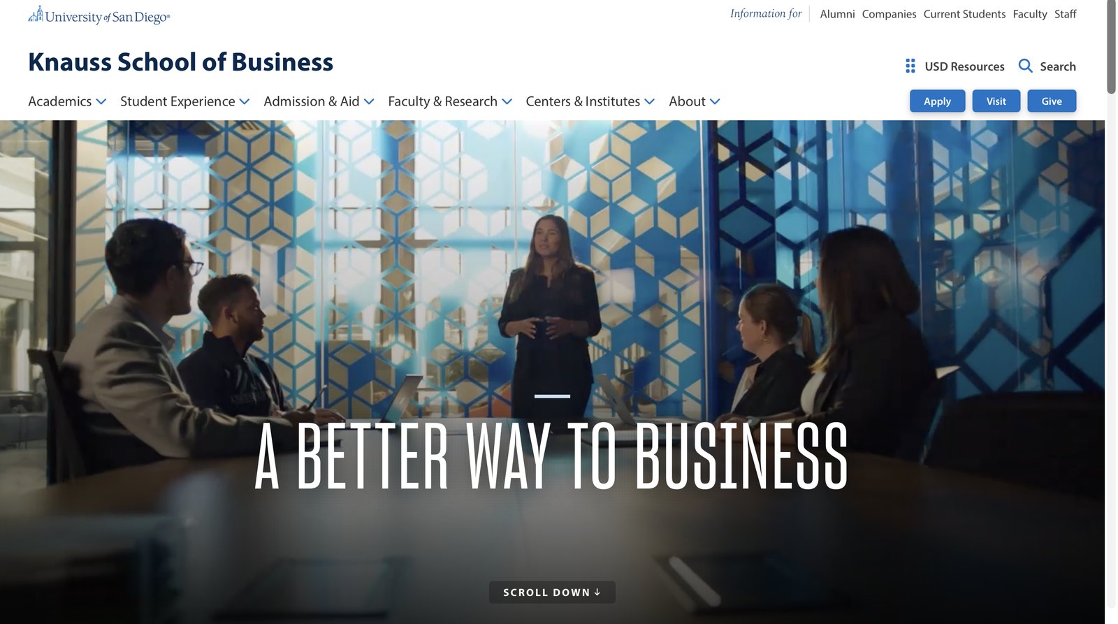 The Knauss School of Business website, the destination for the campaign.