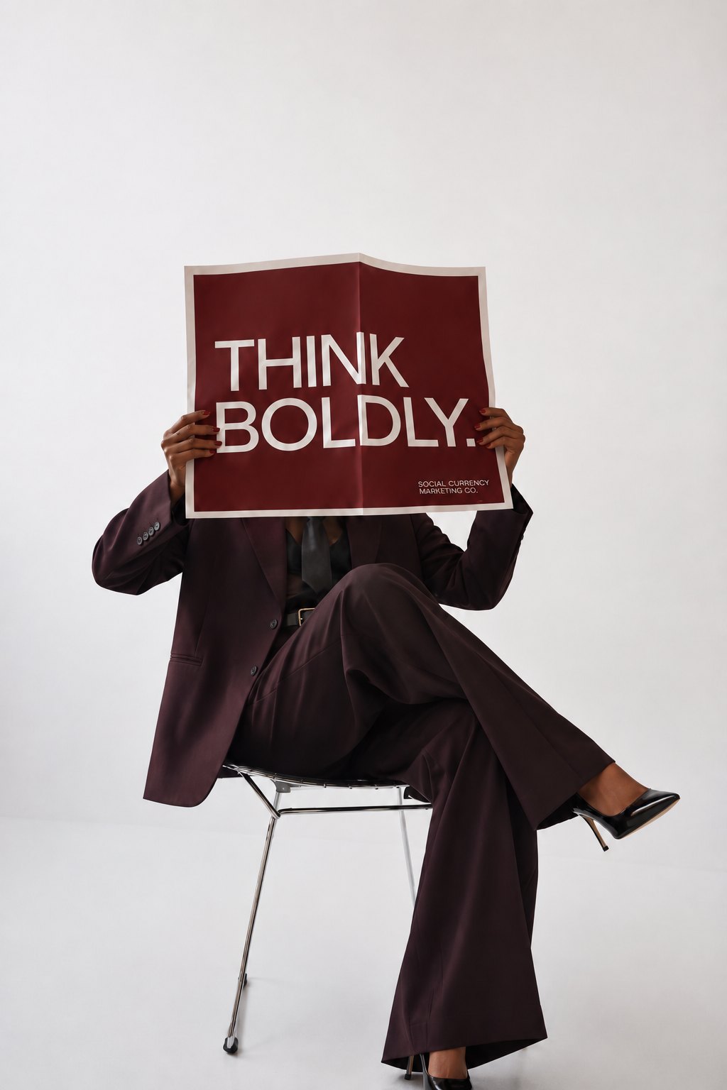 A Social Currency Marketing Co. poster reading Think boldly, held up by someone seated in a burgundy suit.
